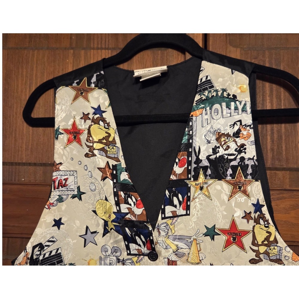 Looney Tunes Vest OSFM Cream 1994 Vintage Hollywood Character Print Bugs Taz